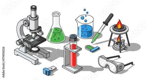 Isometric Science Lab Equipment Illustration with Microscope and Beakers.