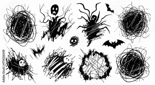 A collection of spooky, hand-drawn, black and white illustrations featuring abstract monsters, bats, and swirling scribbles, evoking a sense of Halloween or horror.