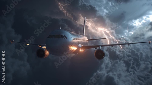 Dramatic lightning surrounds airplane during stormy night skies over the ocean