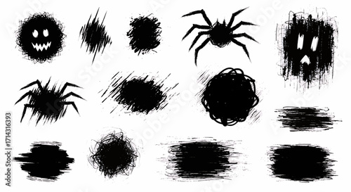 A collection of spooky black grunge illustrations, including spiders, ghosts, and abstract scribbles for Halloween designs.