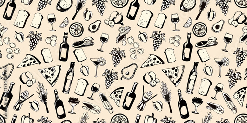 Hand drawn sketch seamless pattern of food and drinks including pizza wine and fruits