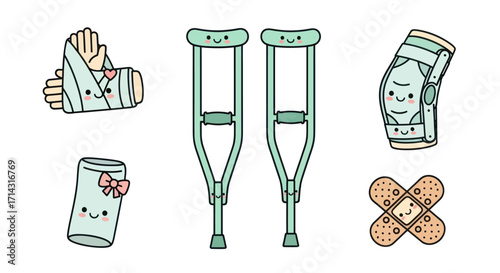 Cute Cartoon Medical Support and First Aid Items Set.