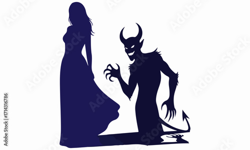 Silhouette illustration isolated on white background depicting a woman and a devil, symbolizing temptation, sin, or a moral dilemma in a stylized vector art