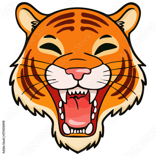 Roaring tiger head vector illustration, fierce jungle animal mascot with open mouth and sharp teeth, aggressive cartoon wildcat face isolated on white background, sports logo design