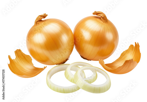Isolated two golden onions, rings, and skin pieces for food photography projects, recipe ideas
