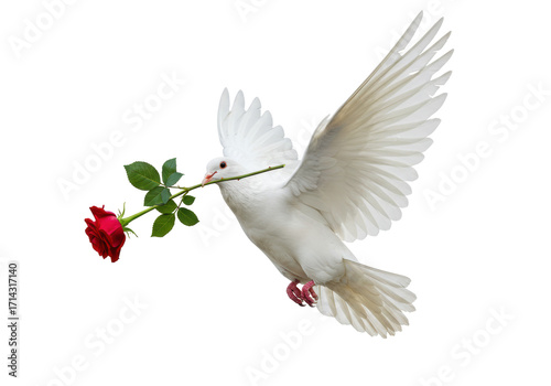 Isolated dove in flight carrying a rose in its beak, bird of peace and love concept
