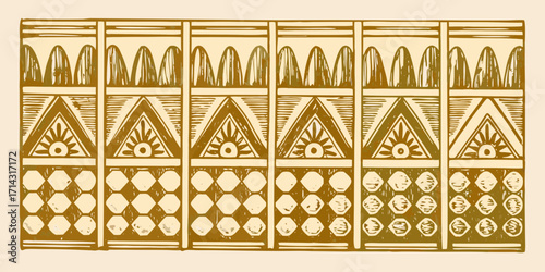 Ancient egyptian hieroglyphic style decorative border pattern with sun symbols and geometric shapes