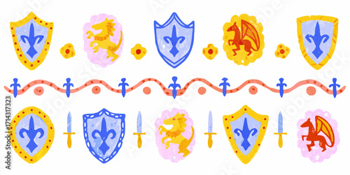 Whimsical medieval border with shields dragons lions and swords in a playful watercolor style