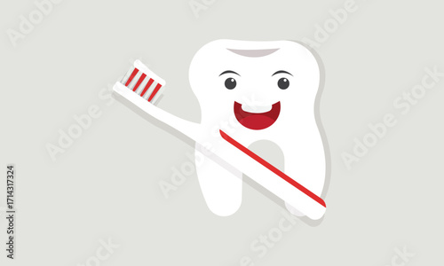 Cute happy smiling tooth with toothbrush