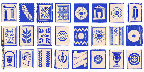 Collection of ancient greek inspired illustrations featuring columns vases laurel wreaths and sun motifs