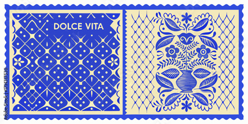 Dolce vita text and floral vase design in traditional mexican papel picado style