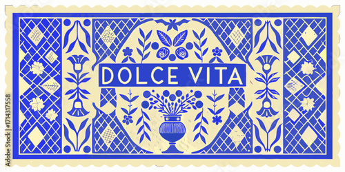 Decorative blue and cream floral border design with the words dolce vita