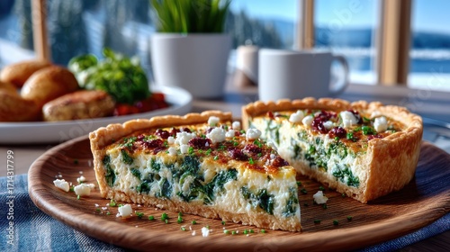 Savory Spinach Quiche Slices on Wooden Plate with Winter Lake View