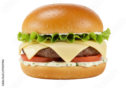 Isolated delicious cheeseburger on fresh bun with lettuce, tomato, and ground meat patty