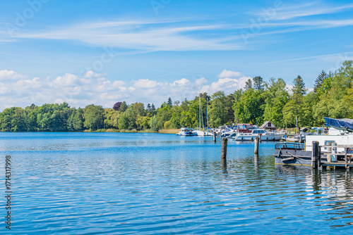 Boats in harbor at Lake Scharmützelsee in Bad Saarow, Germany