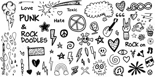 Collection of hand drawn punk rock doodles and symbols including skulls guitars lightning bolts and peace signs