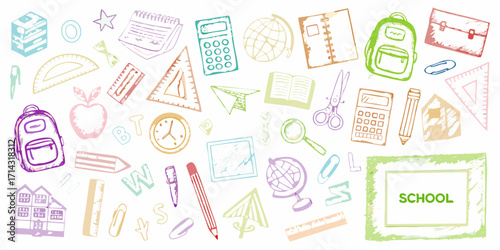 Collection of colorful hand drawn school supplies and educational icons on a white background