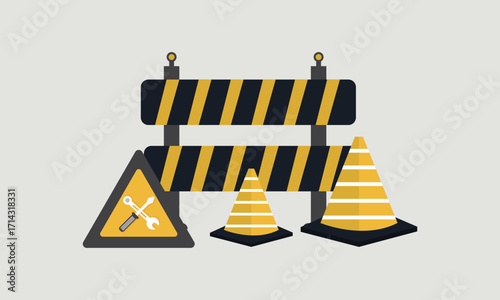 Under Construction with Symbol Worker Hold Stop or Road Sign, Tape Warning, Cone, Site Barrier.