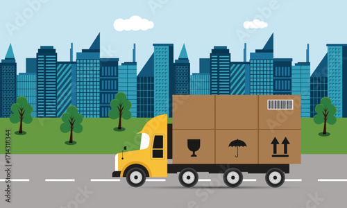 Truck on modern city background. Transport services and freight of goods concept