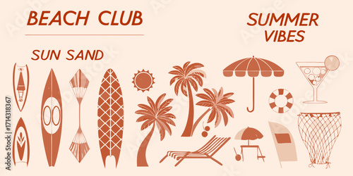 Beach club summer vibes with sun sand palm trees surfboards and tropical drinks