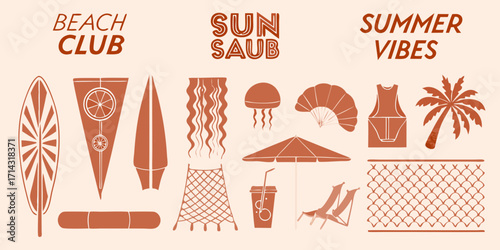 Collection of summer beach club icons and symbols with text for vacation and leisure