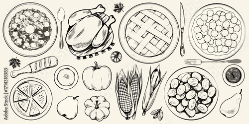 Hand drawn thanksgiving feast with roasted turkey pie corn and pumpkins