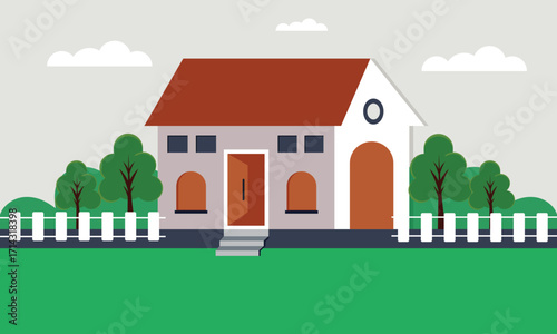 Vector landscape with beautiful house. trees, lawns and road. Beautiful suburban street with residential houses