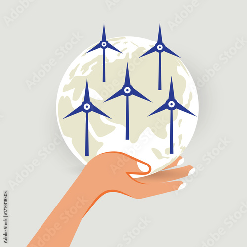 Human hand holding Earth globe, Wind power plant. Concept of World Environment Day, Save the Earth.