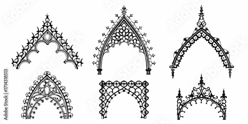Collection of ornate gothic architectural elements and decorative archways in black and white