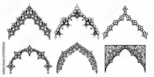 Collection of ornate gothic architectural elements and decorative borders in black and white