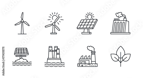 Sustainable Energy Sources Icons: Wind Solar and Fossil Fuel Power Illustrations.