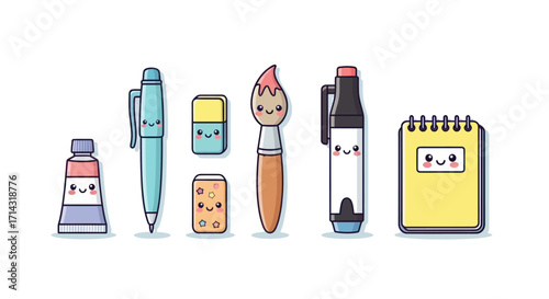 Cute Cartoon Stationery Set with Smiling Faces.