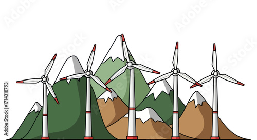 Cartoon Wind Turbines on Mountain Landscape Illustration for Renewable Energy.