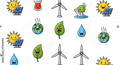 Cartoon Renewable Energy Icons Seamless Pattern.