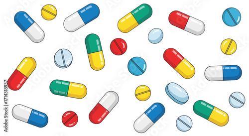 Assorted Colorful Pills and Capsules Scattered on White Background.