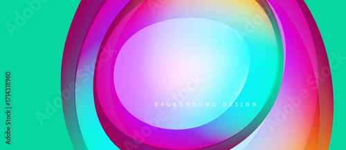 Abstract vibrant layers create dynamic circular design. Turquoise, pink, blue hues blend smoothly. Modern background element.