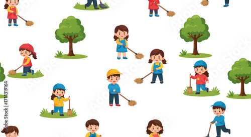 Happy Cartoon Children Cleaning and Gardening Seamless Pattern.