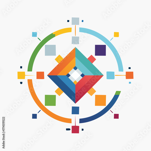 Geometric multicolored abstract design with a central diamond and circular arcs on a white background