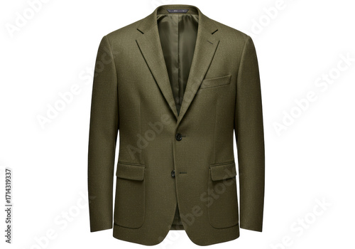 Isolated olive drab wool twill herringbone blazer garment, single-breasted jacket fashion