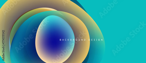 Abstract fluid shapes overlap, creating vibrant color gradients. Turquoise background complements golden, blue hues. Modern design element.