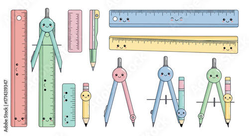 Cute Cartoon School Supplies: Rulers Compasses Pencil and Eraser with Smiling Faces.