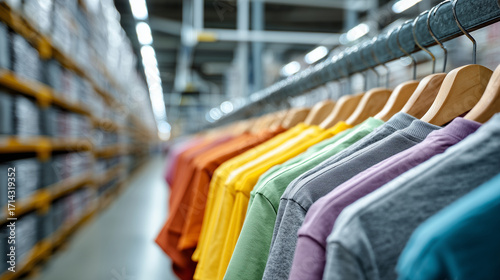 Bright cotton t-shirts neatly hung on wooden hangers along a long warehouse aisle, showcasing organized retail inventory, fabric texture, and vibrant seasonal apparel ready for shipment.