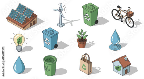 A colorful set of isometric illustrations representing ecology green energy and sustainability concepts.