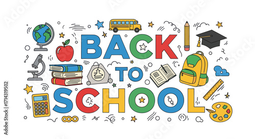 Colorful Back to School Illustration with School Supplies.