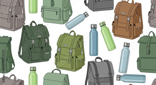 Assortment of Backpacks and Water Bottles in Various Colors.