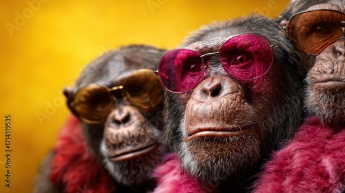 This fun and vibrant image features three whimsical monkeys sporting colorful sunglasses and stylish scarves, celebrating a lighthearted and fashionable atmosphere.