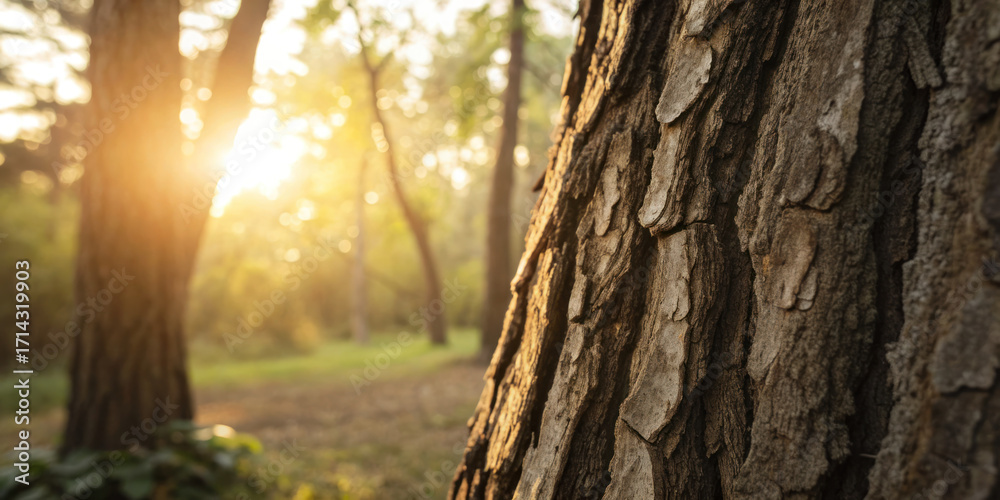 Obraz premium Tree bark texture sunlight glow forest nature outdoor environment natural wood surface warm light