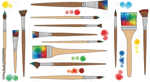 Assortment of Art Brushes with Colorful Paint Splatters.