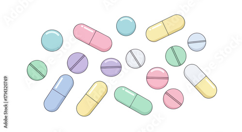 Colorful Assortment of Pills and Capsules Pharmaceutical Medication.