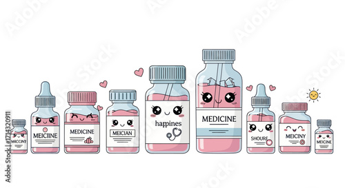 Cute Kawaii Medicine Bottles with Happy Faces and Pink Liquid.